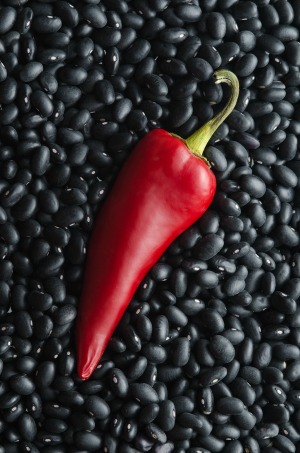 Single red chili pepper with background of dried black beans